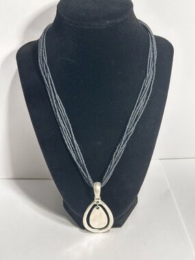 Silver Double Teardrop Hammered Pendant Necklace Gray Micro Beads Multi Strand
